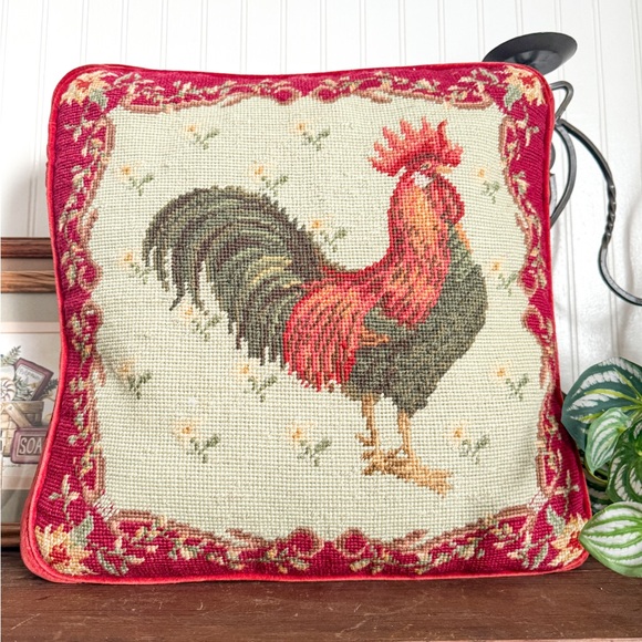 vintage wool and velvet needlepoint rooster seat cushion pillows
